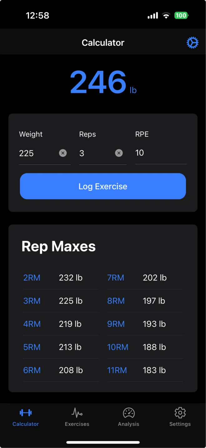 One Rep Max app calculator showing a 246 lb one rep max from 225 lb for 3 reps